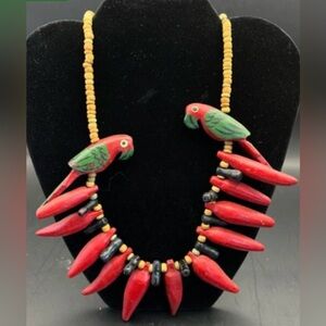 Handcrafted Wooden Macaw Parrots & Chili Peppers Beaded Necklace OOAK 1960s Rare